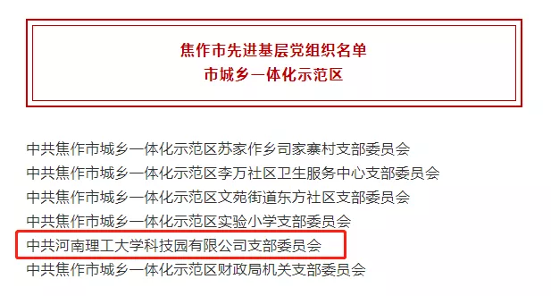 河南理工大学科技园党支部获得“焦作市先进基层党组织”荣誉称号